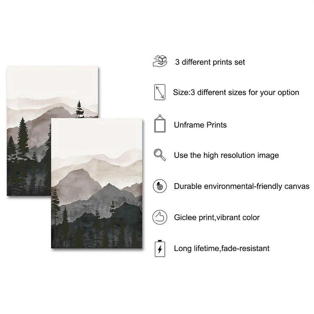 Set med 3PCS Shadow Mountain Silhouette Landskap veggkunst Fin kunst lerrettrykk Nordisk bilder for moderne stue Spisestue kunst dekor | Skanto