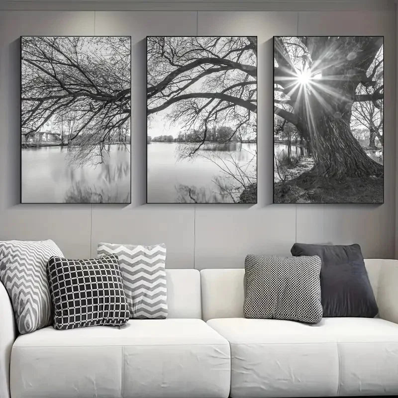 Set av 3 stk Store Tre Sjø Solnedgang Veggkunst Fine Art Lerretstrykk Svart-hvitt Landskapsbilder For Stue Soverom Spisestue Kunst Dekor | Skanto