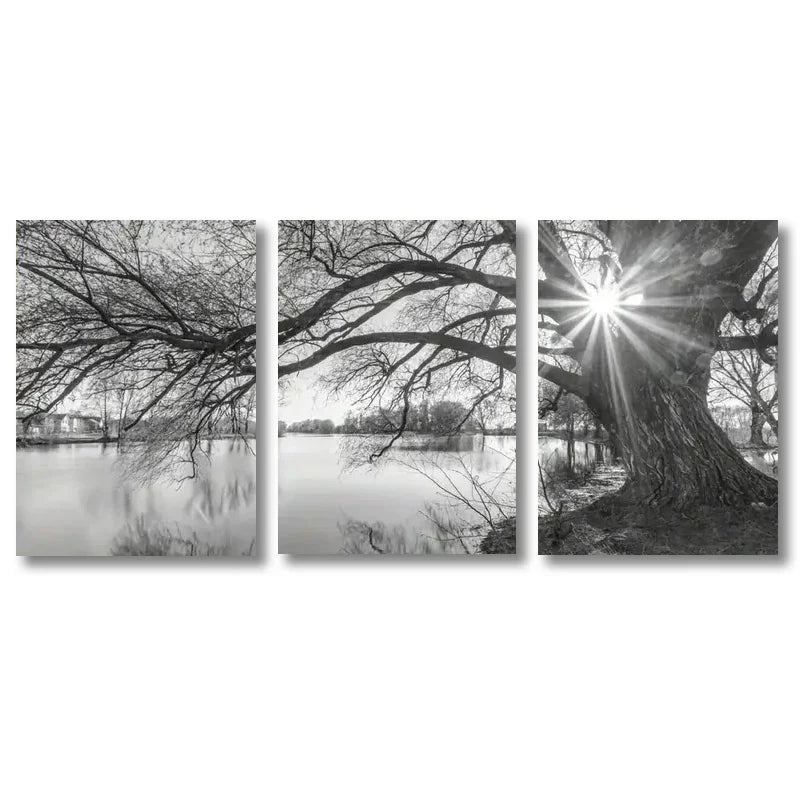 Set av 3 stk Store Tre Sjø Solnedgang Veggkunst Fine Art Lerretstrykk Svart-hvitt Landskapsbilder For Stue Soverom Spisestue Kunst Dekor | Skanto