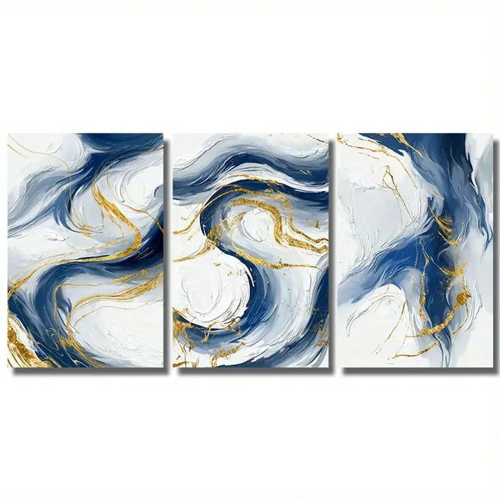 Sett av 3Pcs Blå Gyldne Flytende Virvler Abstrakt Veggkunst Fine Art Lærredsutskrifter Lys Minimalistiske Bilder For moderne stue (Urammet) | Skanto