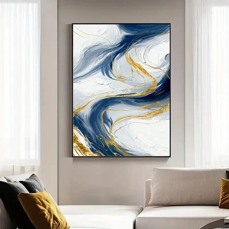 Sett av 3Pcs Blå Gyldne Flytende Virvler Abstrakt Veggkunst Fine Art Lærredsutskrifter Lys Minimalistiske Bilder For moderne stue (Urammet) | Skanto