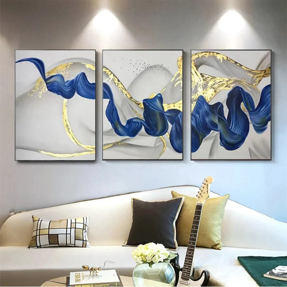 Sett med 3 stykker Blå Gull Bølge Veggkunst Fint Kunst Lerretsutskrifter Bilder For Moderne Stue Spisestue Hotellrom Dekorasjon | Skanto