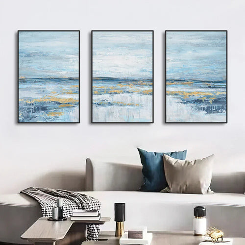 3er Set Blå Osean-scener Veggkunst Fin Kunst Lerret Trykk Abstrakt Havlandskap Bilder For Stue Soverom Hotellrom Kunstdekorasjon | Skanto