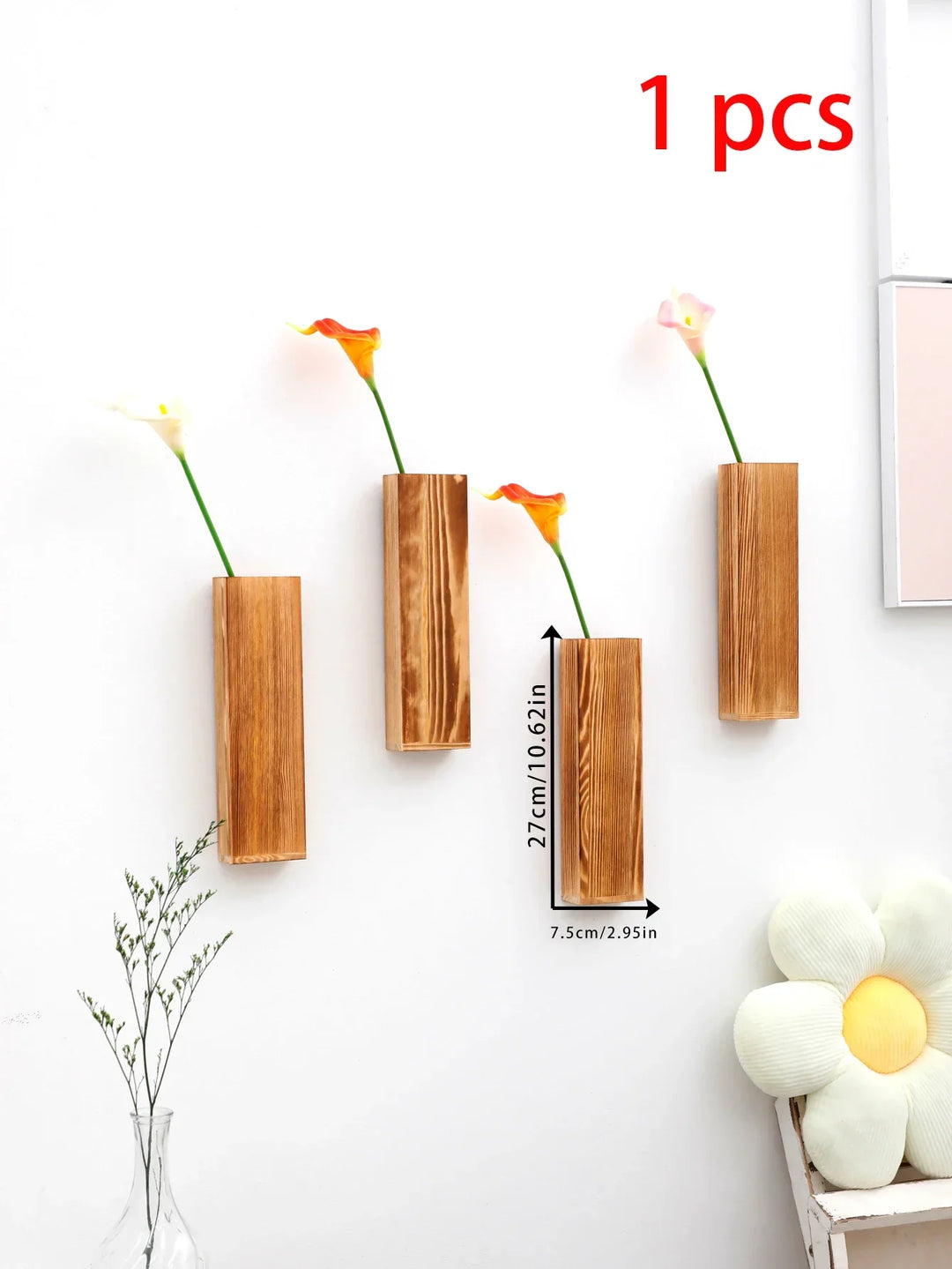 Håndlaget nordisk trekasse veggplante - Naturlig åretegning, minimalistisk skandinavisk design, perfekt for langstilke blomster og interiør, allsidige og elegante dekorative stykker | Skanto