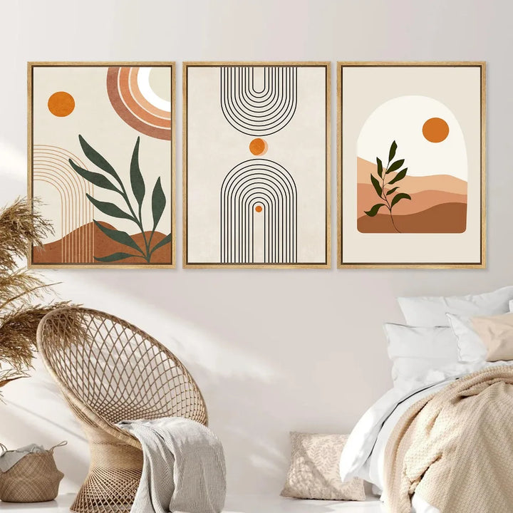 Set of 3 Modern Abstract Bohemian Minimalist Geometric Wall Art Fine Art Canvas Prints Posters Pictures For Living Room Decor | Skanto