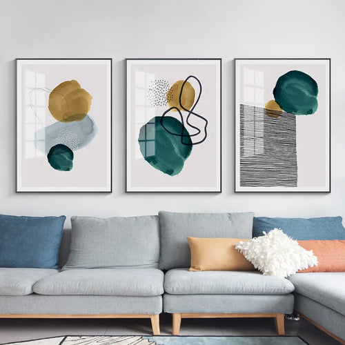Green Yellow Black Abstract Shape & Line Minimalist Nordic Wall Art Fine Art Canvas Prints Pictures For Living Room Home Office Decor | Skanto