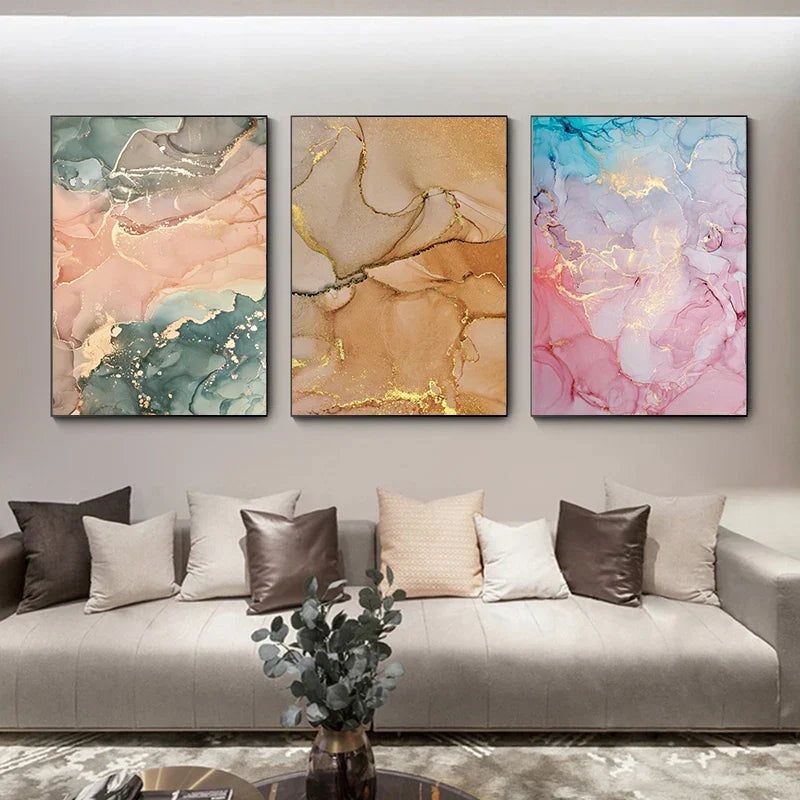 Colorful Shades of Pink Blue Jade Fluid Marble Print Wall Art Fine Art Canvas Prints Pictures for Living Room Bedroom Hotel Lounge Art Decor | Skanto