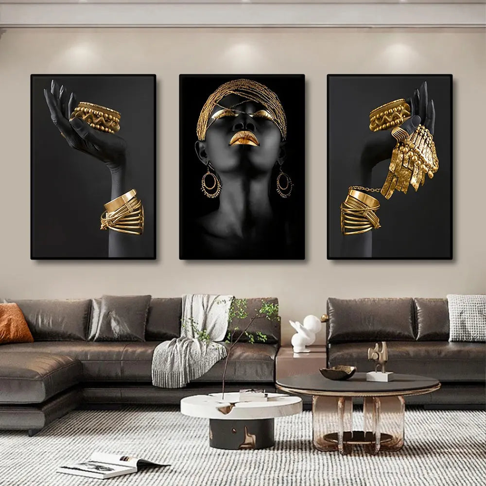 Set of 3 Black Gold Woman Portrait Wall Art Fine Art Canvas Prints Pictures for Luxury Living Room Dining Room Home Office Decor | Skanto