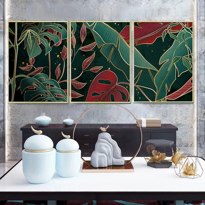 Modern Abstract Tropical Botanicals Wall Art Fine Art Canvas Prints Red Green Palm Leaves Posters Pictures For Living Room Hotel Room Decor | Skanto