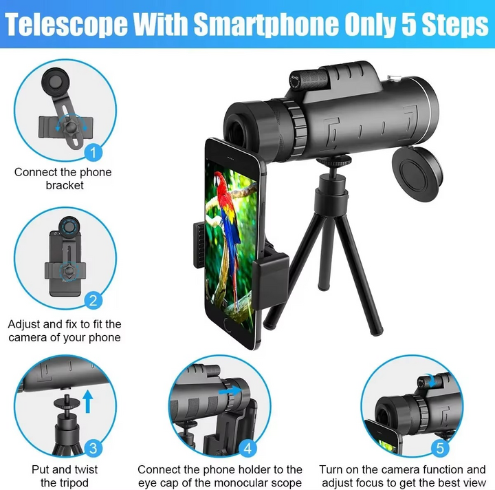 Skanto | 40x60 HD Monocular Telescope med smarttelefonholder og stativ for utendørs og camping