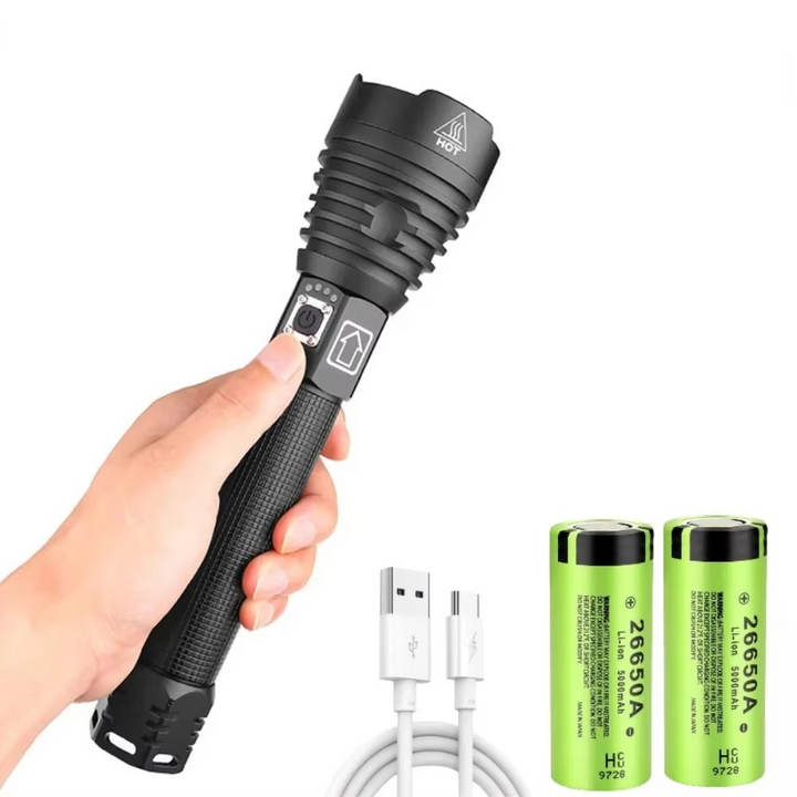 Skanto | Høy-effekt LED taktisk lommelykt, USB oppladbar, zoombar lysstråle, 5 lysmodus, vanntett, passer 26650 batteri