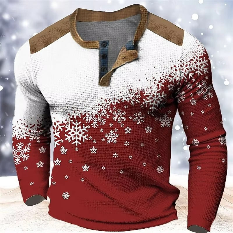 Skanto | Christmas Snøfnugg Gradient 3D Print Henley Skjorte for Menn