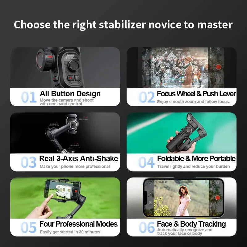 Skanto | 3-aksers smartphone gimbal stabilisator med AI-sporing og ansiktsgjenkjenning – Alvion