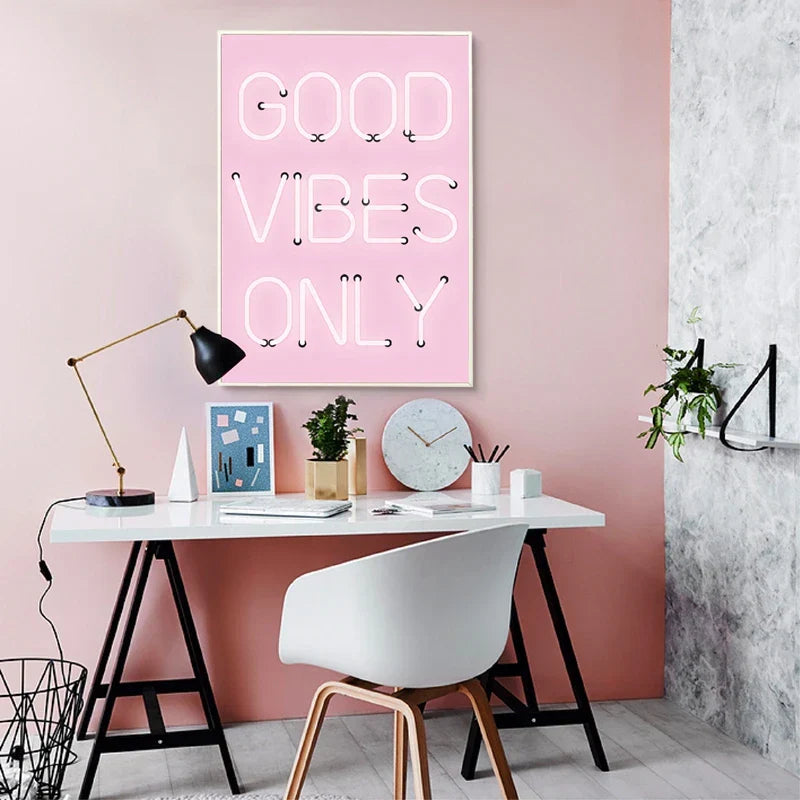 Good Vibes Only Neon Pink Poster Wall Art Fine Art Canvas Prints Positivity Picture For Living Room Girls Bedroom Lounge Art Decor | Skanto