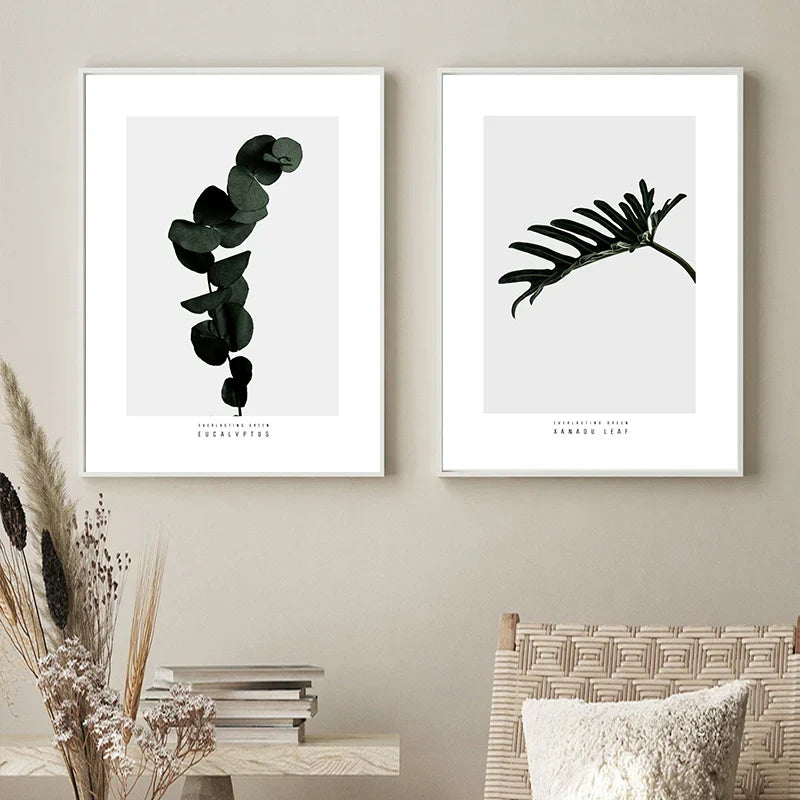 Minimalist Green Leaves Modern Botanical Specimen Wall Art Artistic Canvas Prints Gallery Wall Pictures For Living Room Dining Room Art Decor | Skanto