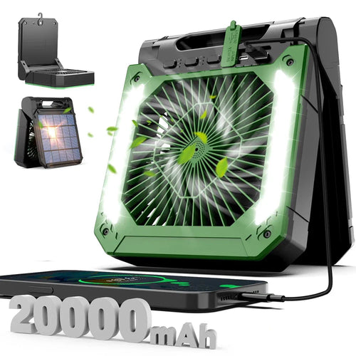 20000mAh Bærbar Elektrisk Vifte med LED Lys — USB, Sol & Bil Lading for Camping | Skanto