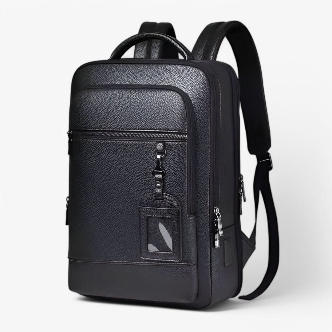 Eleganter Lederrucksack for Damen og Herren med USB-anschluss for laptop og täglichen bruk, 15,6 Zoll, schwarz