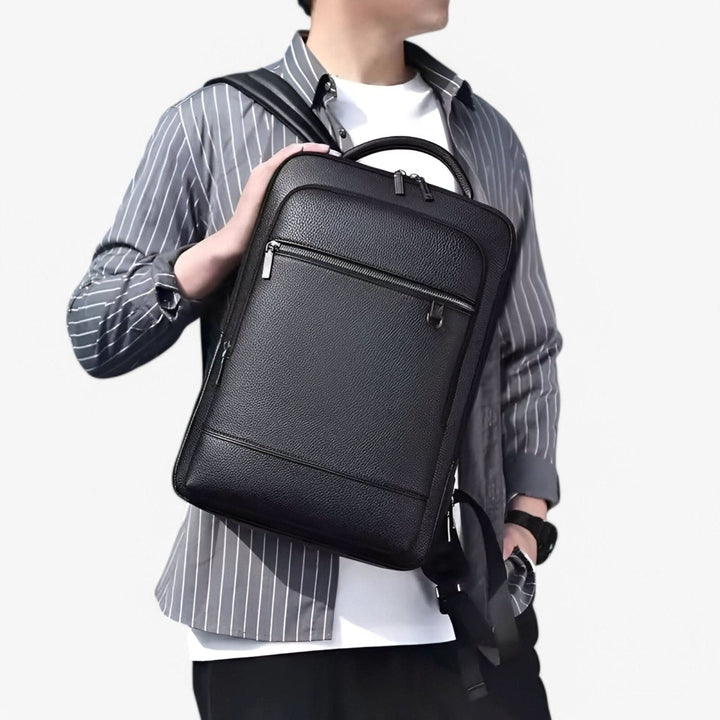 Eleganter Lederrucksack for Damen og Herren med USB-anschluss for laptop og täglichen bruk, 15,6 Zoll, schwarz