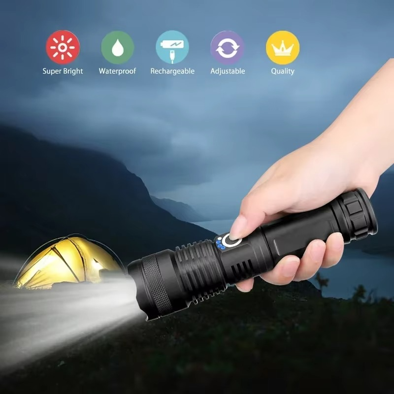 Skanto | Høy-effekt LED taktisk lommelykt, USB oppladbar, zoombar lysstråle, 5 lysmodus, vanntett, passer 26650 batteri