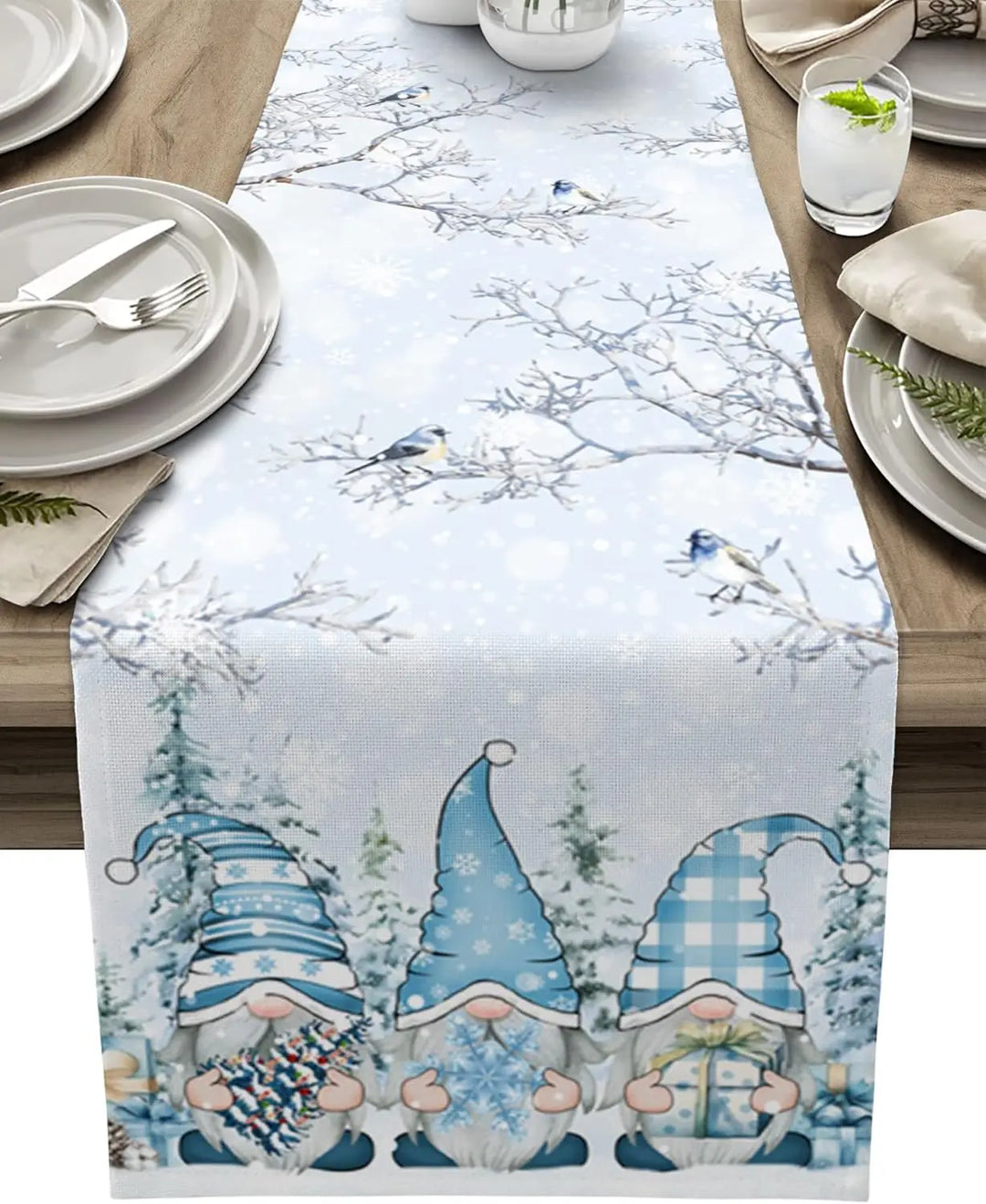 Skanto | SnowGnome Julebordløper – Luxe Linning Bordløper med Snøfnugg og Nisse Design