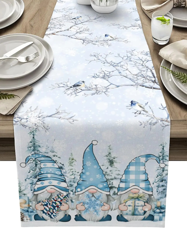 Skanto | SnowGnome Julebordløper – Luxe Linning Bordløper med Snøfnugg og Nisse Design