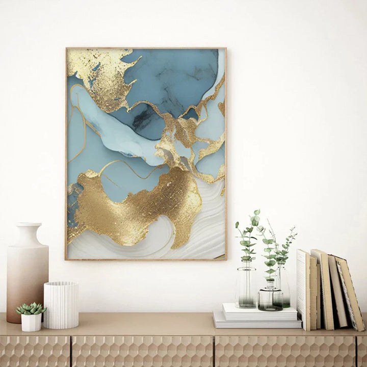 Modern Abstract Gold Blue Fluid Marble Print Wall Art Fine Art Canvas Prints Pictures For Living Room Bedroom Nordic Home Decor | Skanto