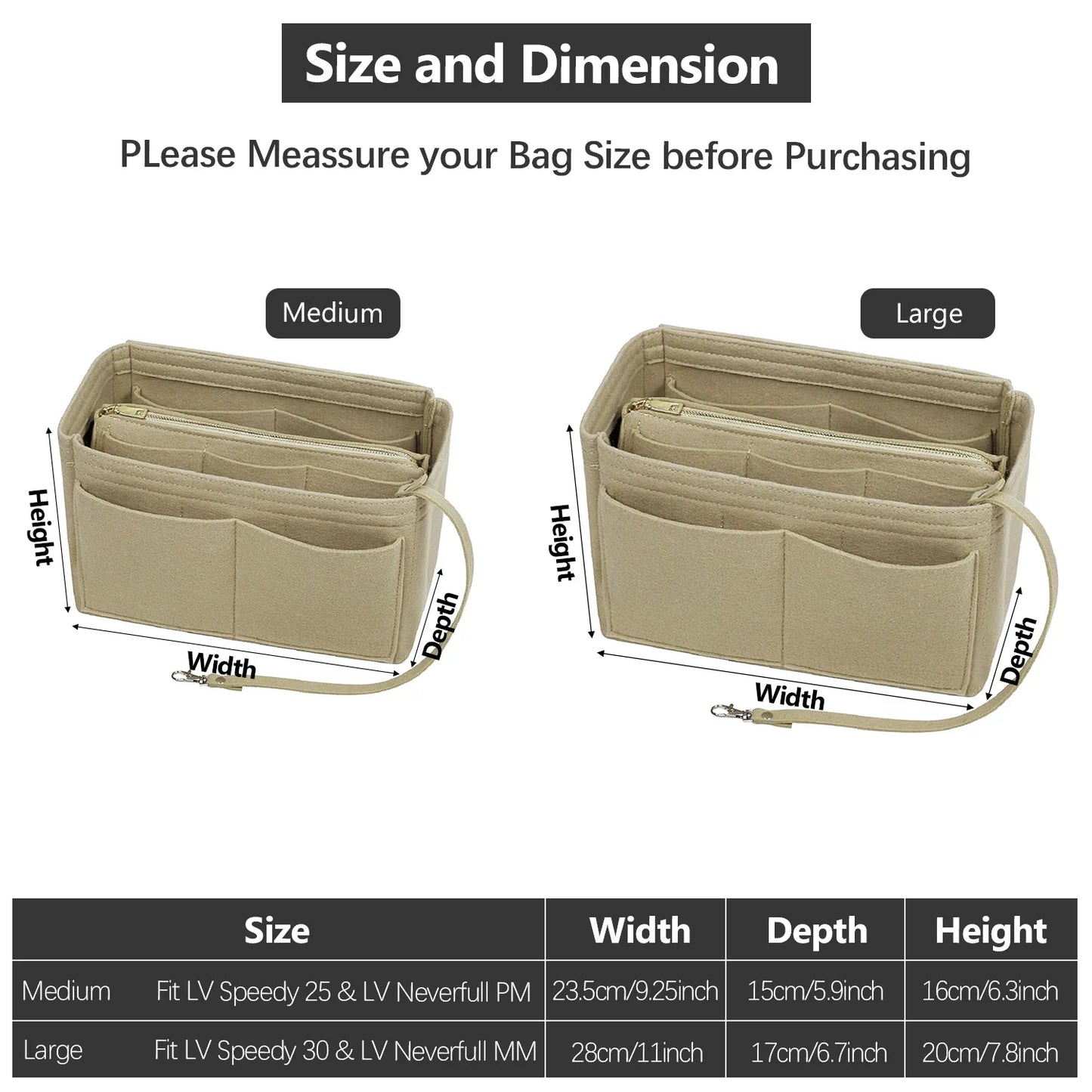 Norvo | TaschenLuxe Organizer Inlay | Filtinnsats med glidelås | 15 lommer & nøkkelstropp | For håndvesker & shoppingposer