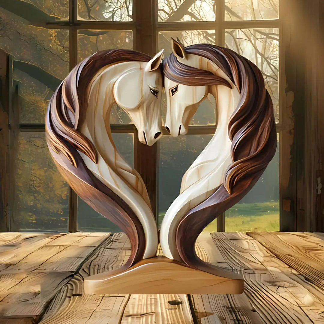 Skanto | Equora Hesteskulptur | Hesteskulptur Tre | 2D Design i Omfavningsposisjon | Dekorasjon for Stue, Kontor & Barnerom