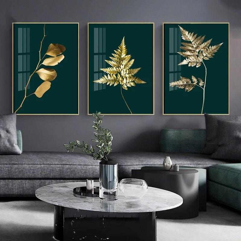 Abstract tropical botanicals golden leaves wall art artistic canvas prints pictures for living room dining room light luxurious interior decor | Skanto