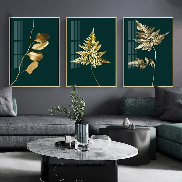 Abstract tropical botanicals golden leaves wall art artistic canvas prints pictures for living room dining room light luxurious interior decor | Skanto
