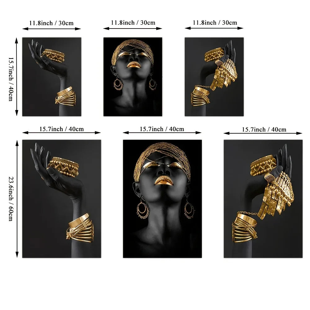 Set of 3 Black Gold Woman Portrait Wall Art Fine Art Canvas Prints Pictures for Luxury Living Room Dining Room Home Office Decor | Skanto