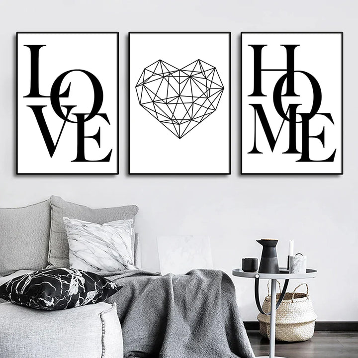 Set of 3Pcs Geometric Love Heart Wall Art Fine Art Canvas Prints Black White Minimalist Posters Pictures For Living Room Bedroom Art Decor | Skanto