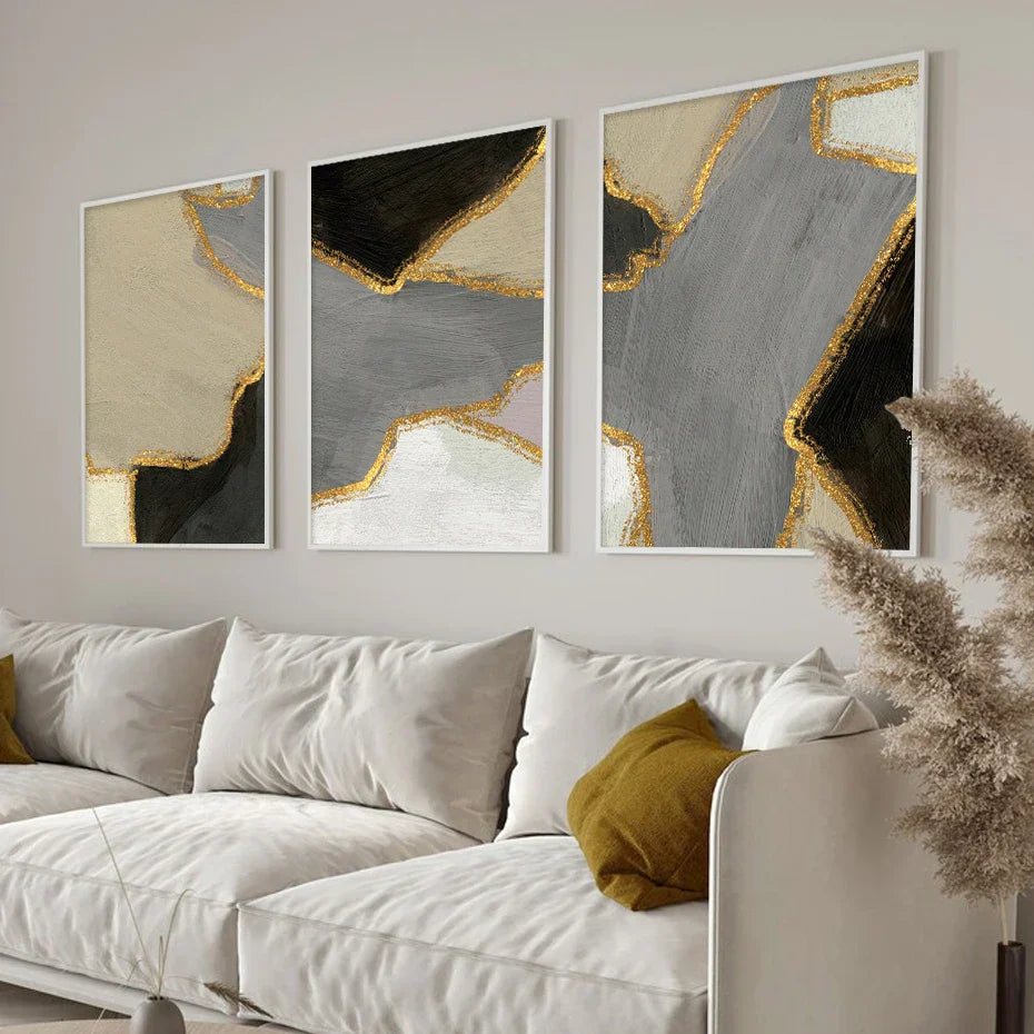 Abstract Color Block Wall Art Black Gray Beige Golden Canvas Print Pictures for Modern Apartment Living Room Contemporary Home Decor | Skanto