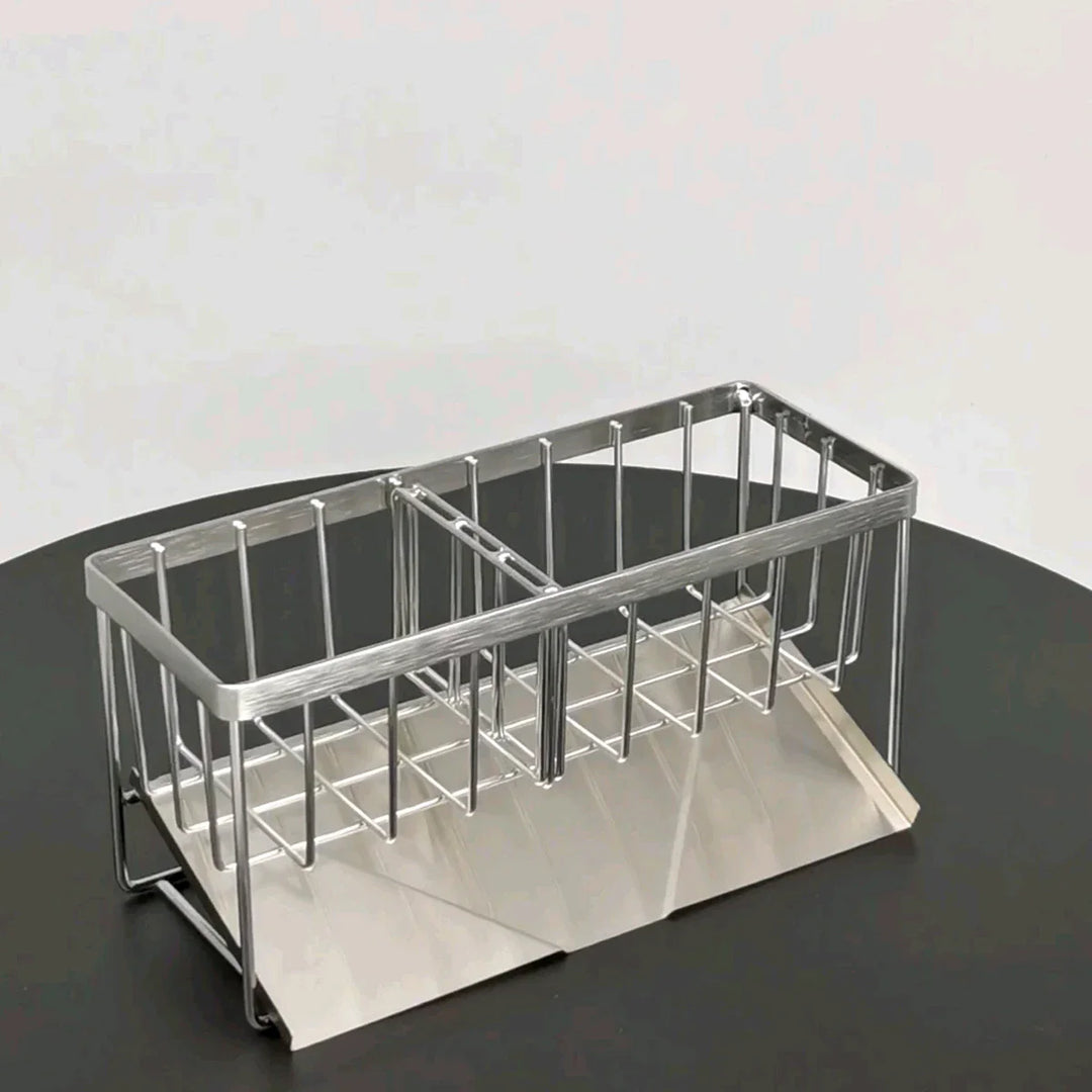Skanto | SteelNest | Sinkeorganizer laget av rustfritt stål | Svamp- og såpeholder med dryppfat | 21×8.2×10 cm