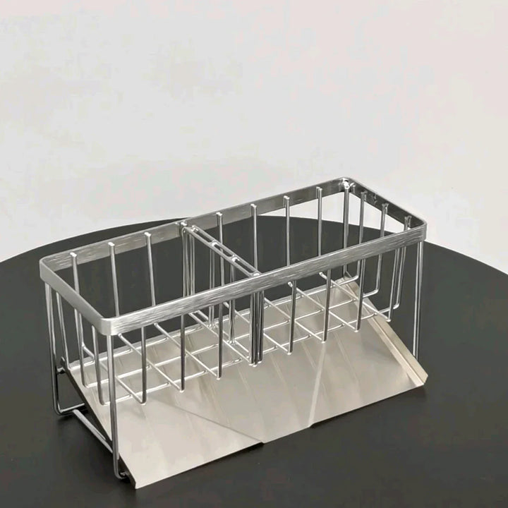 Skanto | SteelNest | Sinkeorganizer laget av rustfritt stål | Svamp- og såpeholder med dryppfat | 21×8.2×10 cm