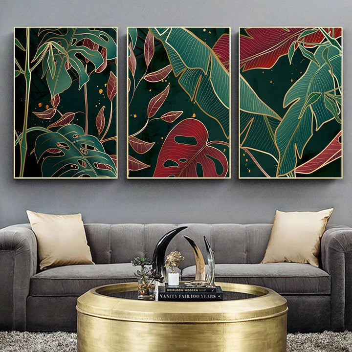 Modern Abstract Tropical Botanicals Wall Art Fine Art Canvas Prints Red Green Palm Leaves Posters Pictures For Living Room Hotel Room Decor | Skanto