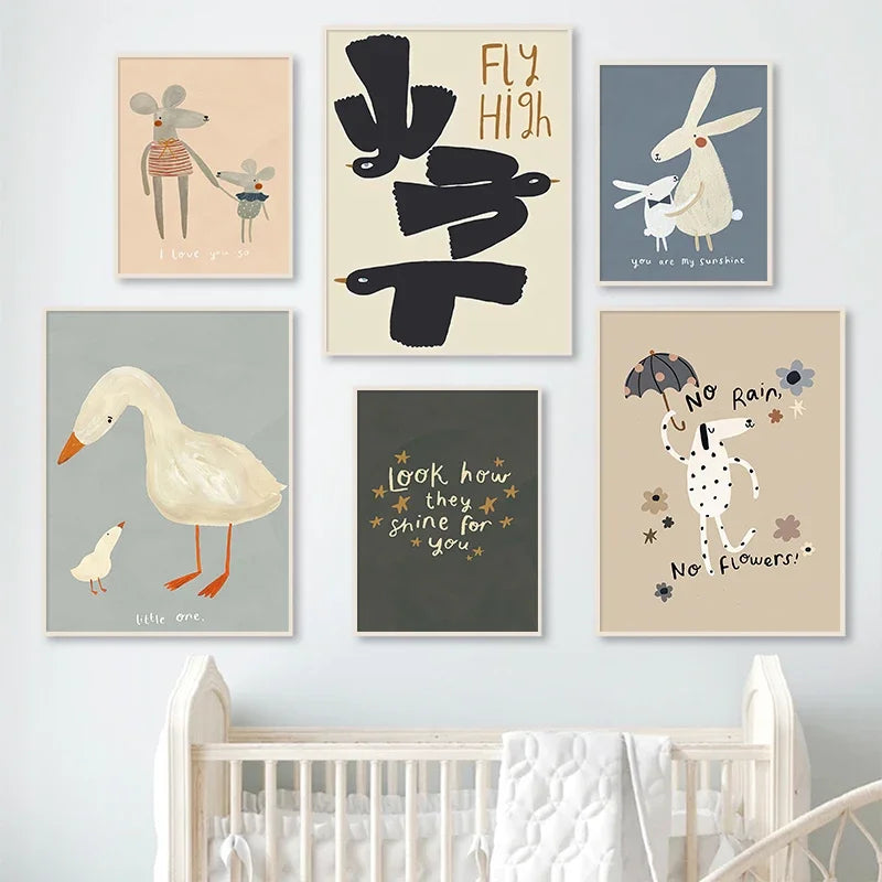 Cute Baby Animals Kids Room Wall Art Illustrations Fine Art Canvas Prints Goose Mouse Lion Polar Bear Posters For Baby Room Wall Decor | Skanto