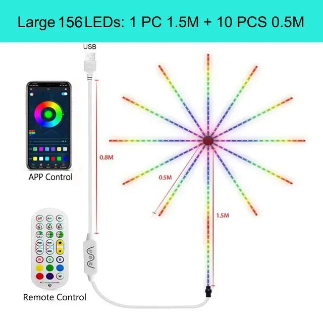 Smart RGB Fyrverkeri LED Lyskurs Jul Lys - App Kontrollert Starburst Fe-lamper med Musikk Synk for Fester, Bryllup, og Høytidsdekor