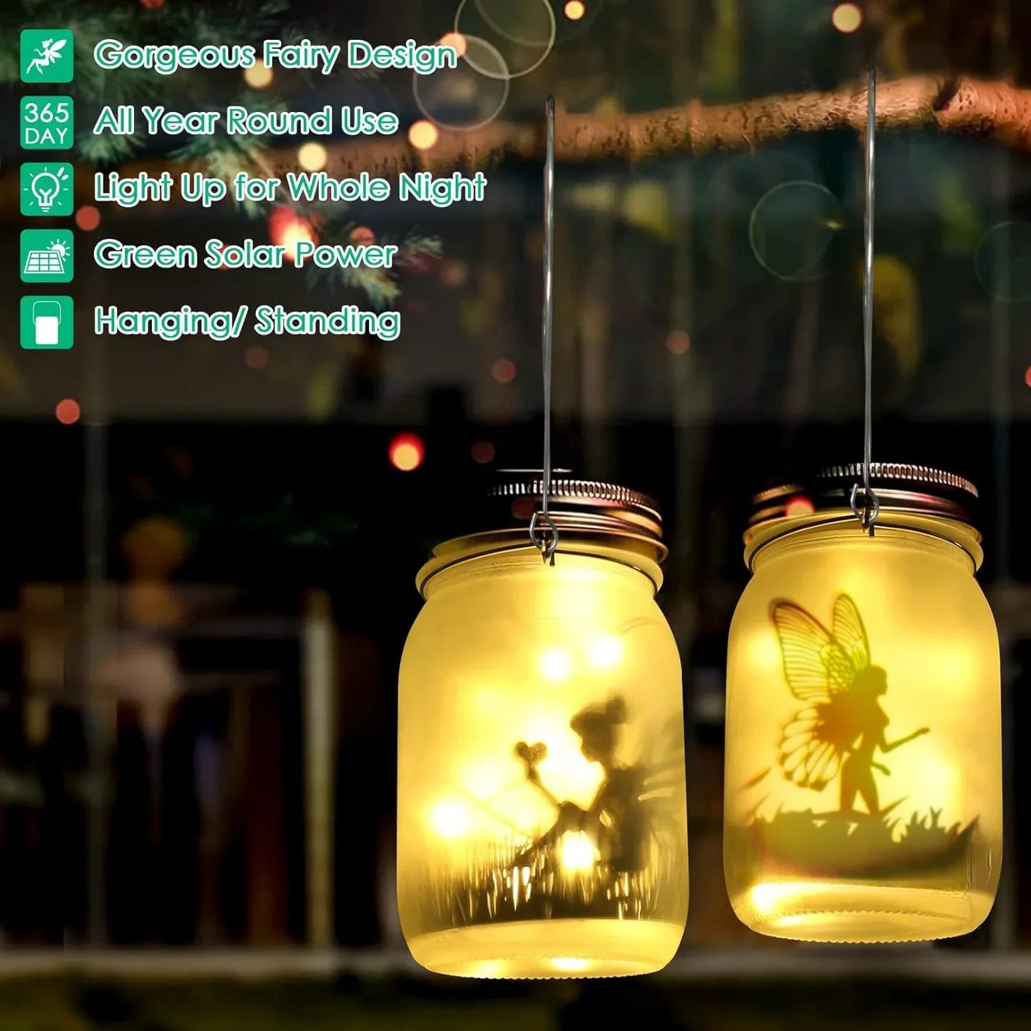 Norvo | Glass Fairy Lamp - Solar Mason Jar Lantern, IP65 Vanntett Utendørs Hengelykt
