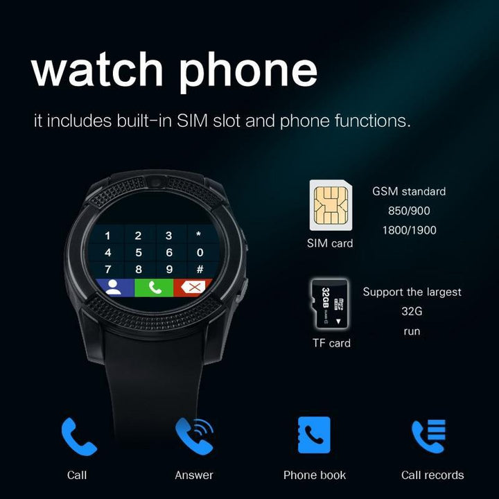 Skanto | Sport Men Smart Watch v8 simkort android kamera rundet Svar Anrop Ring Anrop Smartklokke Hjertefrekvens Fitness Tracker