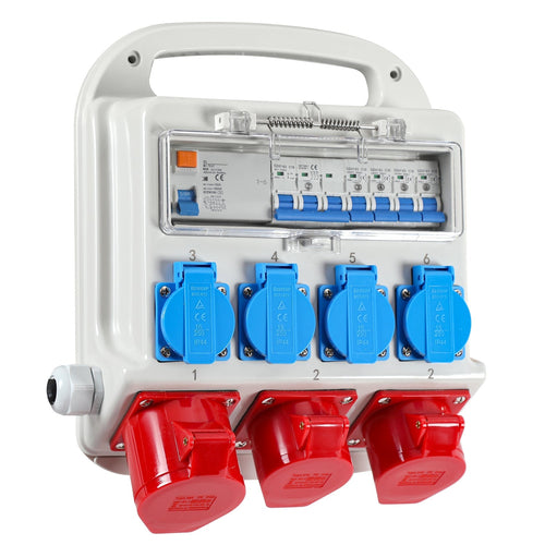 Strømfordeler RCD 2 x CEE 400V/16A + 4 x 230V Schuko 5 pol | Skanto