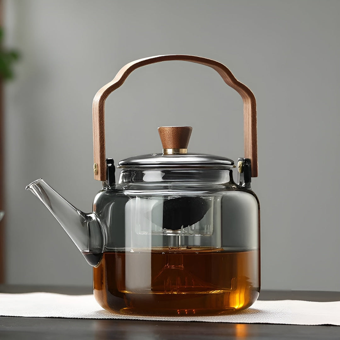 Glasstekanne med trelokk og tesil – Elegant design | 1,2 l røkt glass for stilig te-nytelse