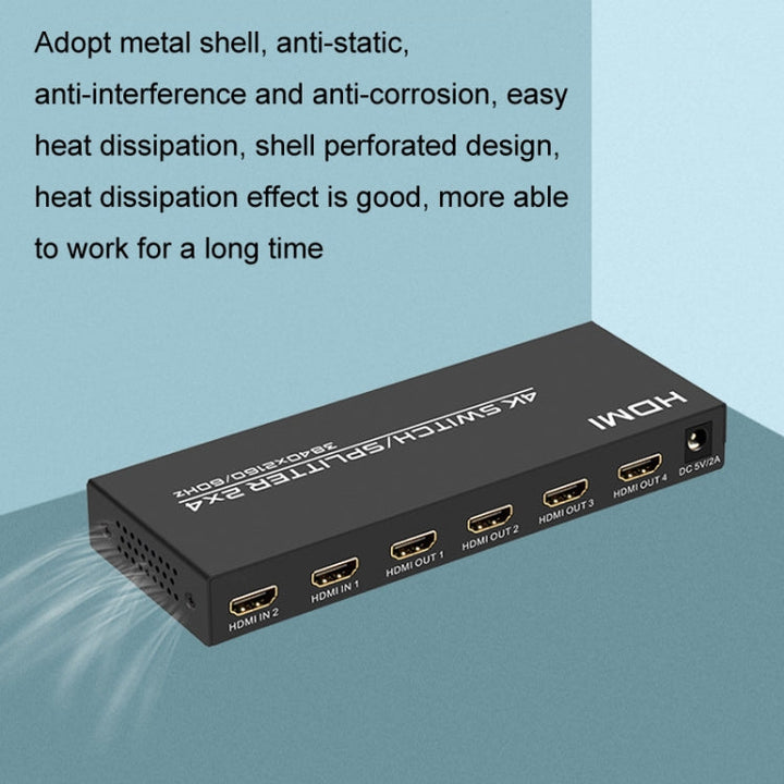 Skanto | FJGEAR FJ-4K204 2 In 4 Out HD 4K Audio HDMI Switch Distributor, Plug type: EU plug