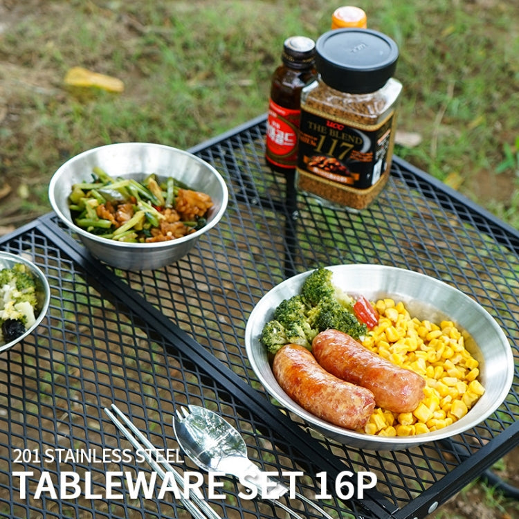 Skanto | 16 PCS / Set CLS Utendørs Rustfritt Stål Bestikk Bærbar Camping Middag Bolle Tallerken Sett