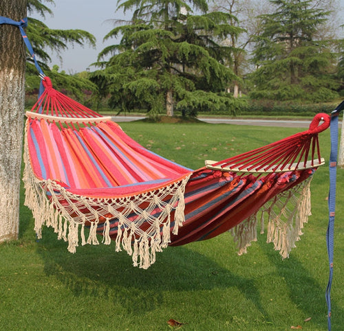 Skanto | 200x150cm Dobbel Utendørs Camping Pompong Lærred Hengekøye med Stang (Rosa Striper)