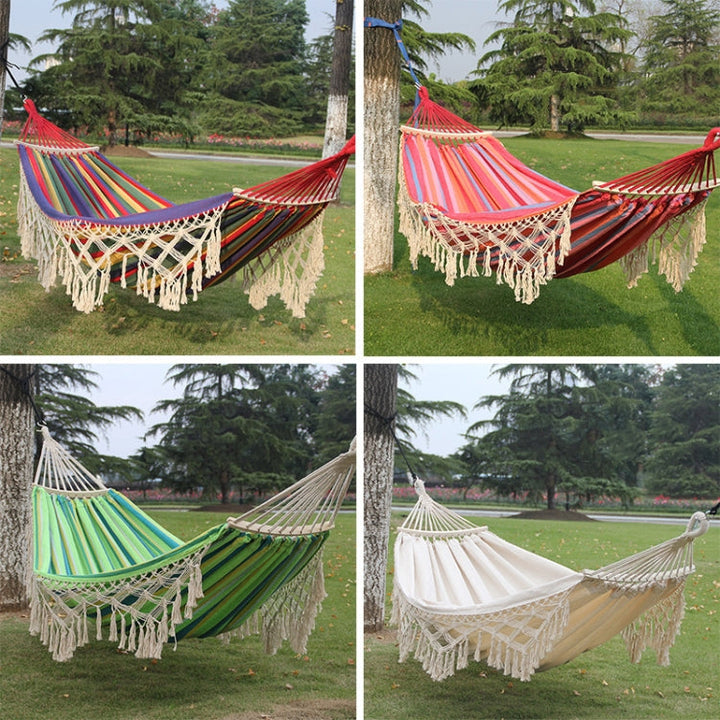 Skanto | 200x150cm Dobbel Utendørs Camping Fringed Canvas Hengekøye med Stang (Hvit)