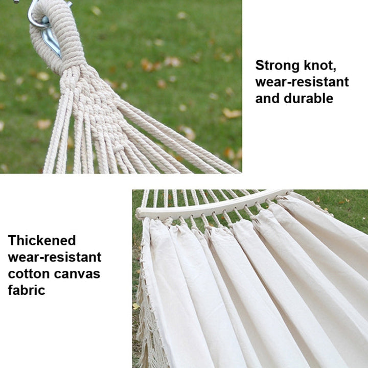 Skanto | 200x150cm Dobbel Utendørs Camping Fringed Canvas Hengekøye med Stang (Hvit)