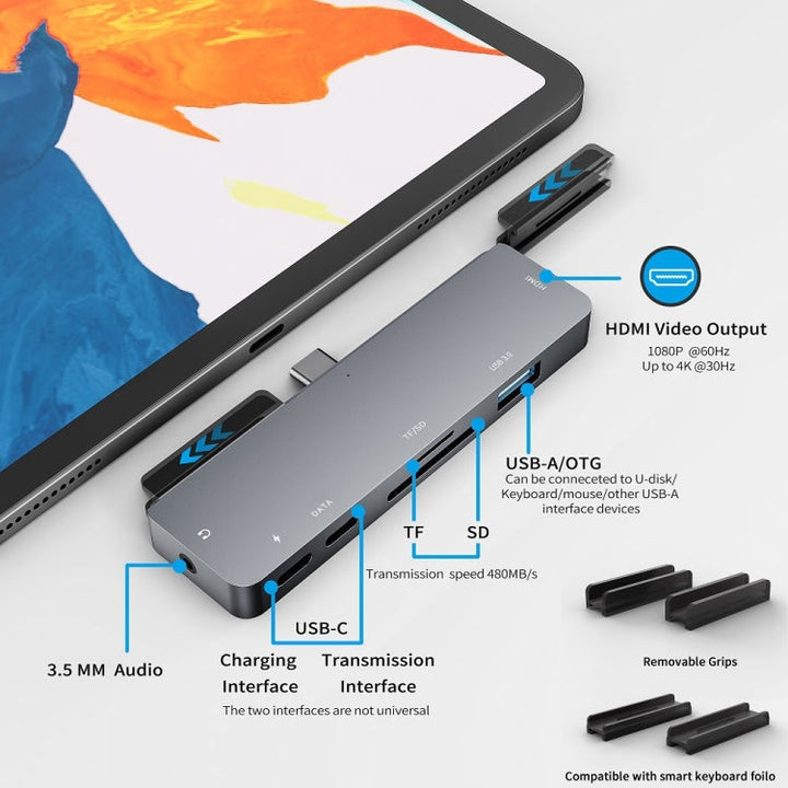 Skanto | For iPad Pro 7-i-1 HDMI 4K + 3.5 mm lyd + SD/TF + 1 USB 3.0 + USB-C/Type-C + PD USB-C dockingstasjon