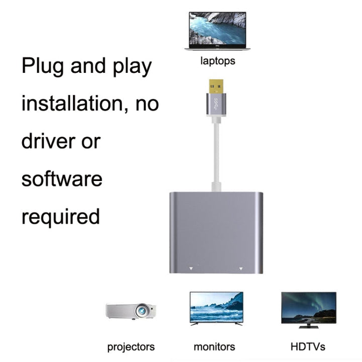 Skanto | USB 3.0 til Dual HDMI Høyoppløsningskonverter 4K USB Samme skjermforlengelse (Grå)