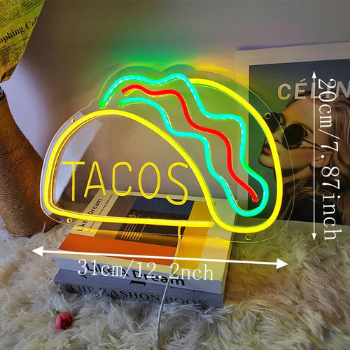 Neon Fast Food Skilt – Lysende Tacos Design, LED Nattlys for Restauranter og Kjøkken | Skanto